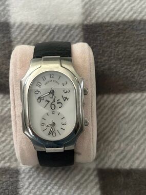 Philip Stein Silver Case White Dual-Dial Watch with Black Leather Strap